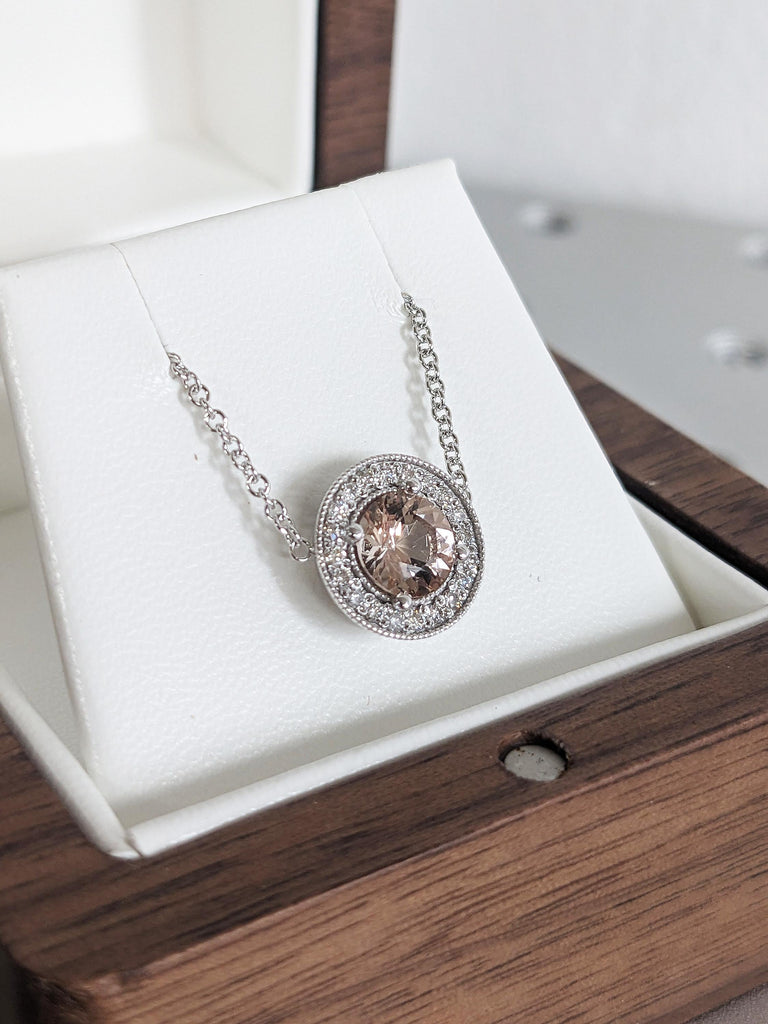 14K White Gold Round Morganite Halo Diamond Necklace, June Birthstone, Unique Bridal Jewelry