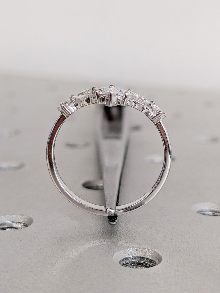 V Curved Diamond Wedding Ring, Twisted Half Eternity Diamond Matching Band, 14K White Gold Chevron Stacking Matching Ring