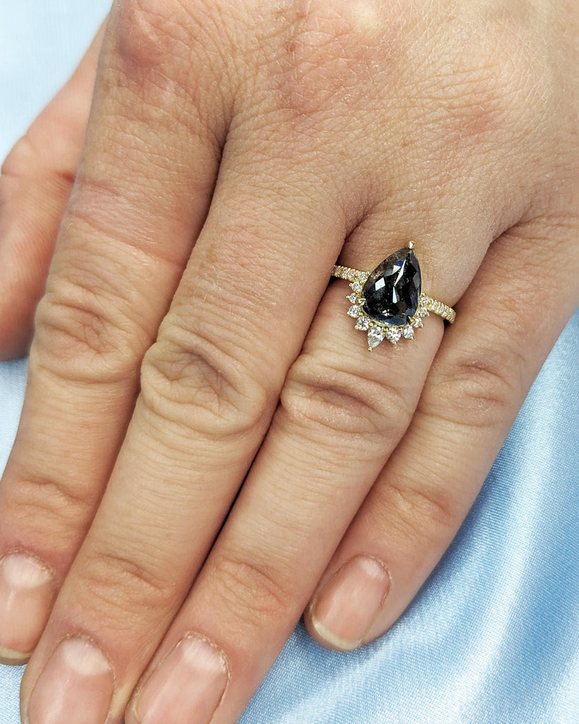 Vintage Salt and Pepper Diamond Pear Cut Engagement Ring | Moissanite or Diamond Cluster Ring | Art Deco Anniversary Promise Ring | 14K Gold