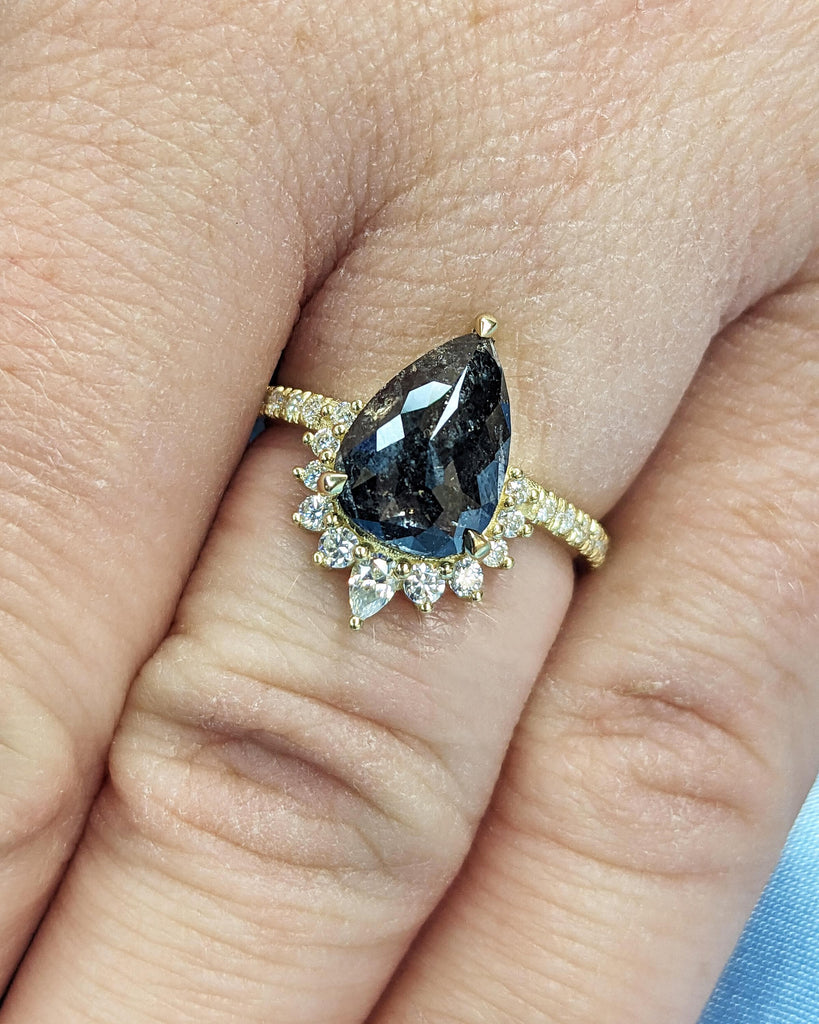 Vintage Salt and Pepper Diamond Pear Cut Engagement Ring | Moissanite or Diamond Cluster Ring | Art Deco Anniversary Promise Ring | 14K Gold
