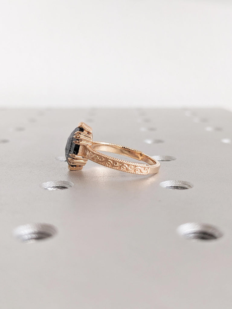 Hexagon Cut Salt and Pepper Diamond Engagement Ring, Milgrain 18k Rose Gold Promise Ring for Her, Filigree Diamond Ring, Big Statement Ring