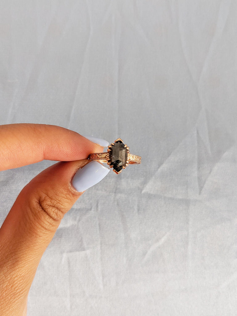 Solitaire Ring, Hexagon Ring, Salt and Pepper Diamond Ring, 18k Rose Gold Engagement Ring