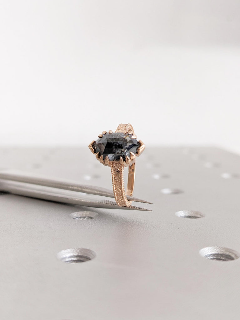 Hexagon Cut Salt and Pepper Diamond Engagement Ring, Milgrain 18k Rose Gold Promise Ring for Her, Filigree Diamond Ring, Big Statement Ring
