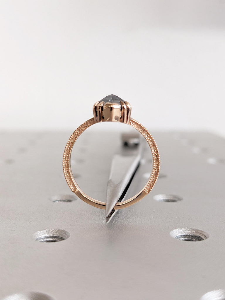 Solitaire Ring, Hexagon Ring, Salt and Pepper Diamond Ring, 18k Rose Gold Engagement Ring
