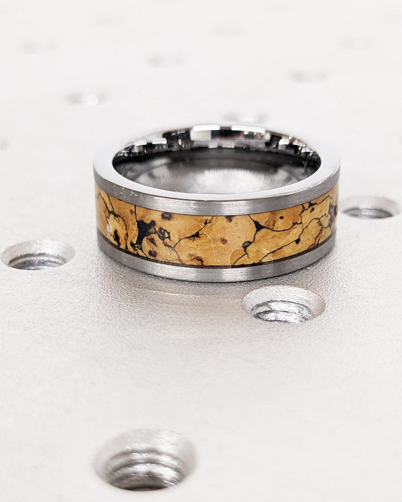 8MM Men's Tungsten Carbide Ring | Dinosaur Bone Ring | Brushed Tungsten Wedding Band | Dinosaur Bone Inlay | Comfort Fit Men's Wedding Band