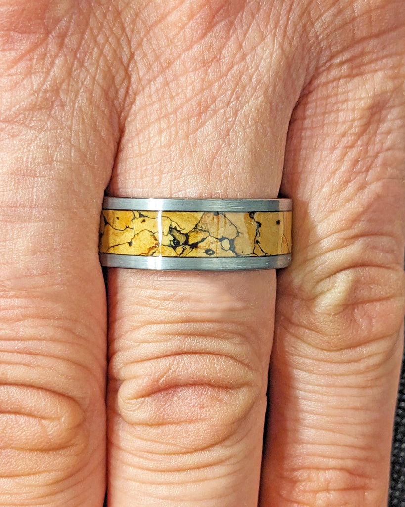 8MM Men's Tungsten Carbide Ring | Dinosaur Bone Ring | Brushed Tungsten Wedding Band | Dinosaur Bone Inlay | Comfort Fit Men's Wedding Band