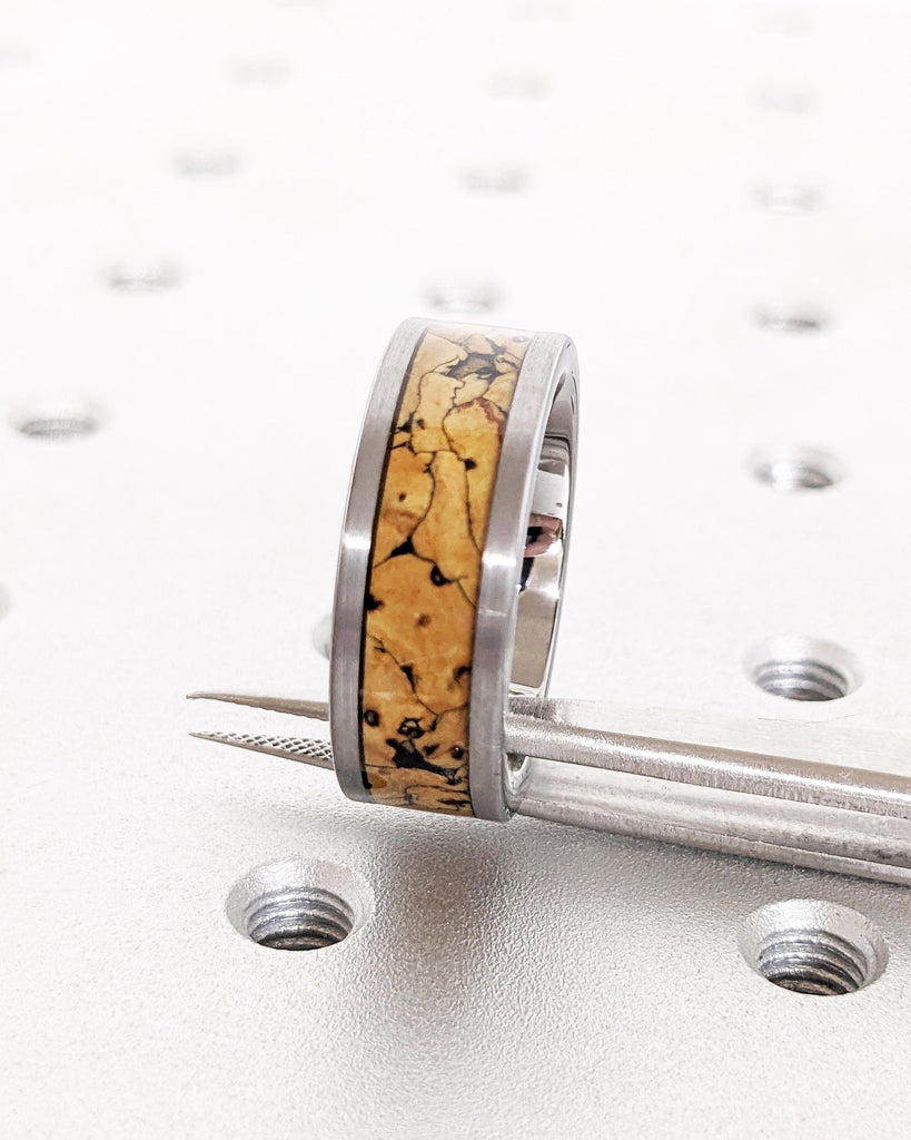 8MM Men's Tungsten Carbide Ring | Dinosaur Bone Ring | Brushed Tungsten Wedding Band | Dinosaur Bone Inlay | Comfort Fit Men's Wedding Band