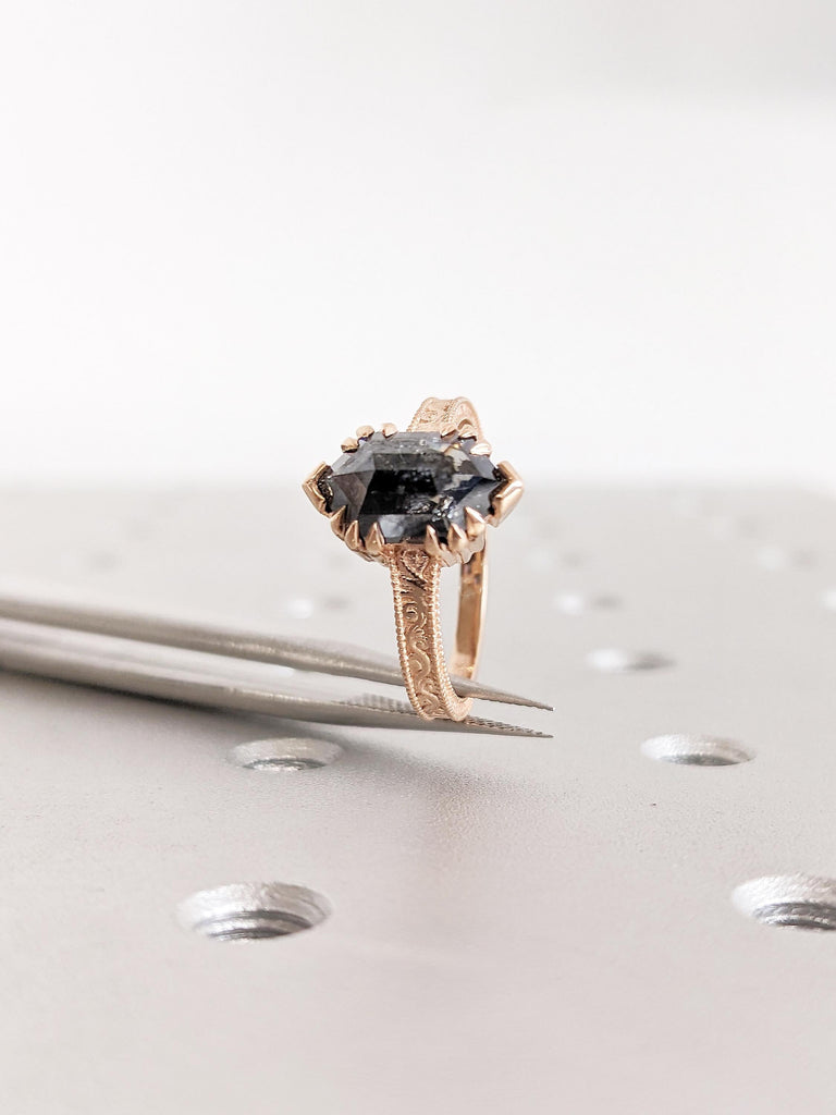 Solitaire Ring, Hexagon Ring, Salt and Pepper Diamond Ring, 18k Rose Gold Engagement Ring