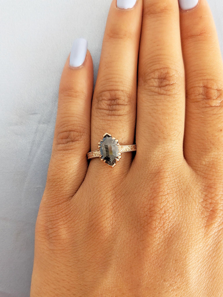 Hexagon Ring, Salt and Pepper Diamond Ring