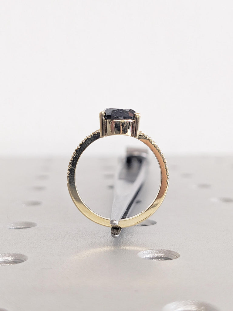 Pear Cut Salt and Pepper Diamond Engagement Ring, 14K Yellow Gold Ring, Pave Diamond Weeding Band