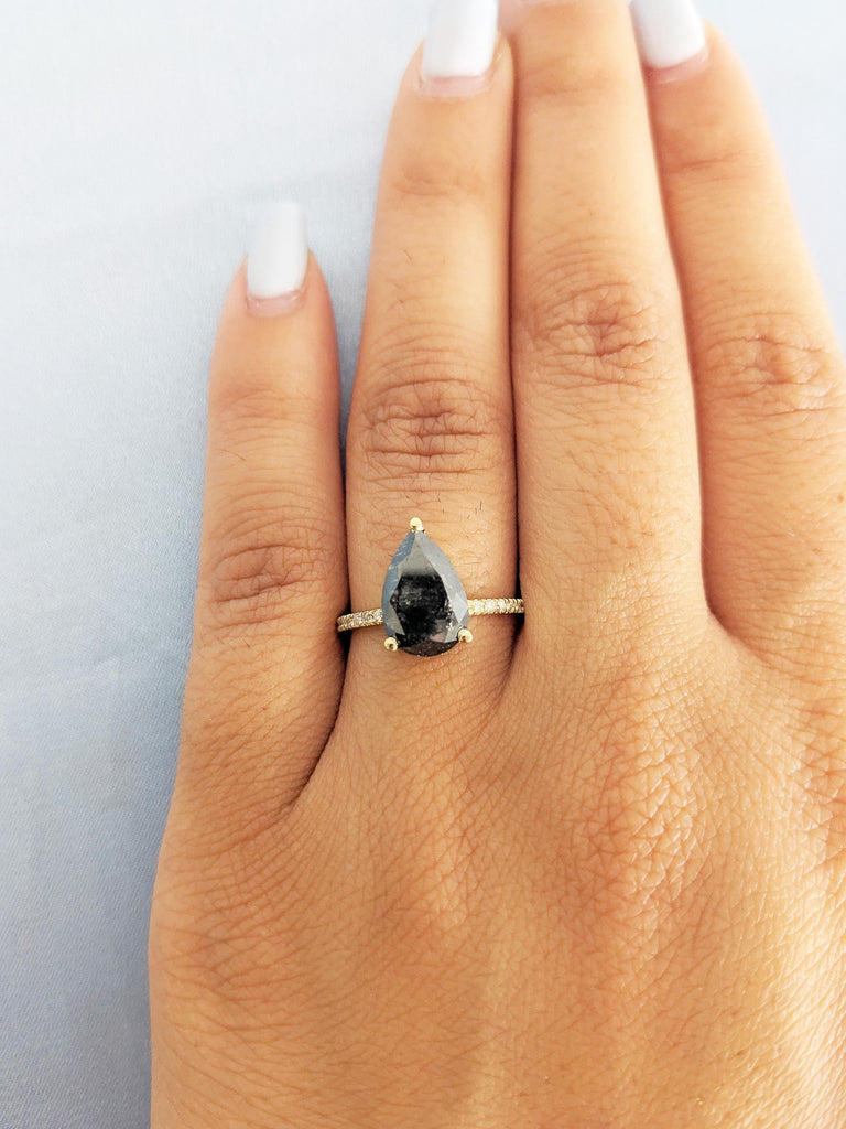 Salt and Pepper Diamond Engagement Ring, Pear Cut Salt and Pepper Ring, 14K Yellow Gold Diamond Ring, Promise Ring, Anniversary Ring For Her