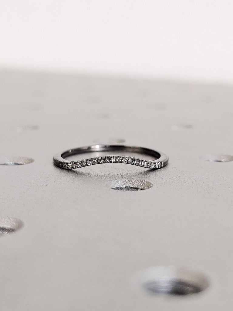 Dainty Round Curved Salt and Pepper Diamond Matching Engagement Ring, Thin 14K Solid Black Gold Diamond Wedding Band, Bridal Stacking Ring