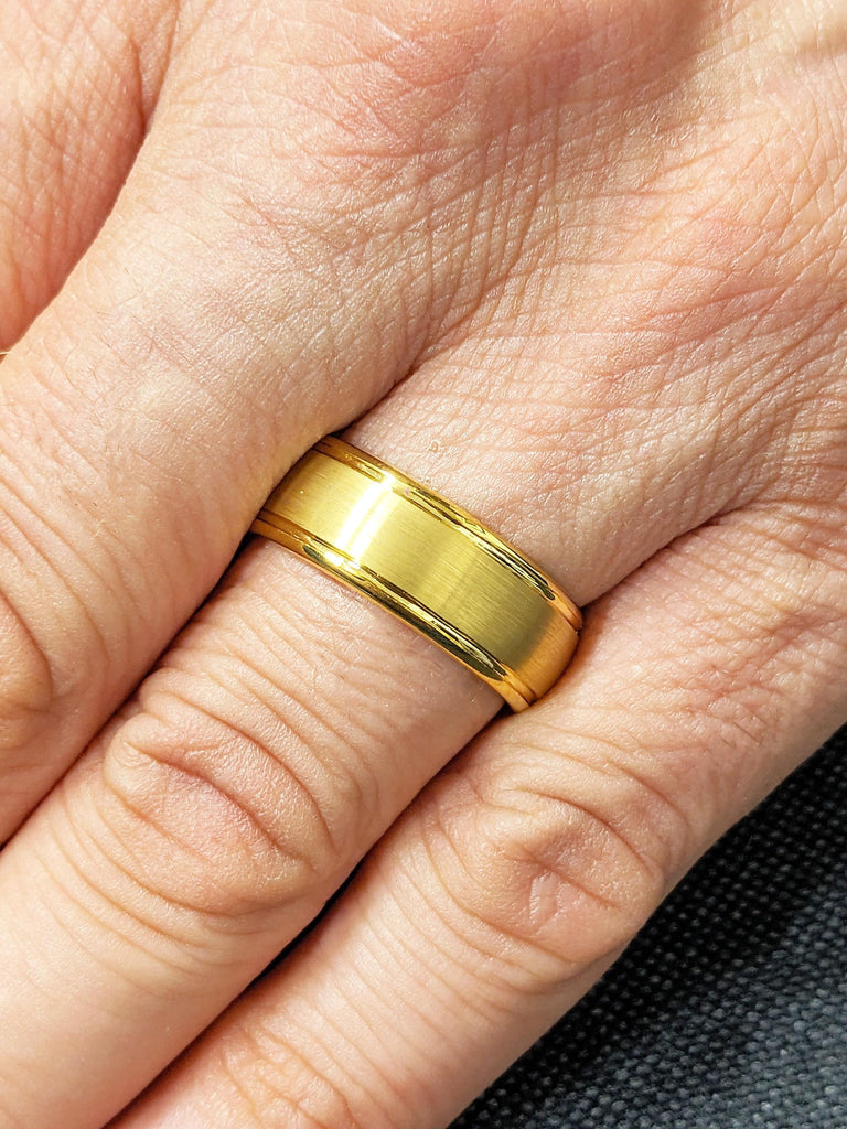 Dome Tungsten Band, 8mm Yellow Gold Plated Men's Engagement Ring, Brushed Men's Ring