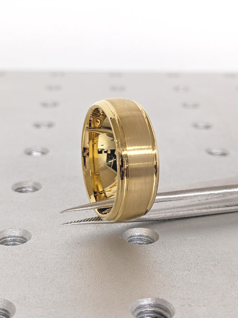 8mm Yellow Gold Tungsten Ring, Men Wedding Ring, Brushed Wedding Band for Men, Promise Ring, Gift for Boyfriend, Gold Dome Ring, Custom Ring