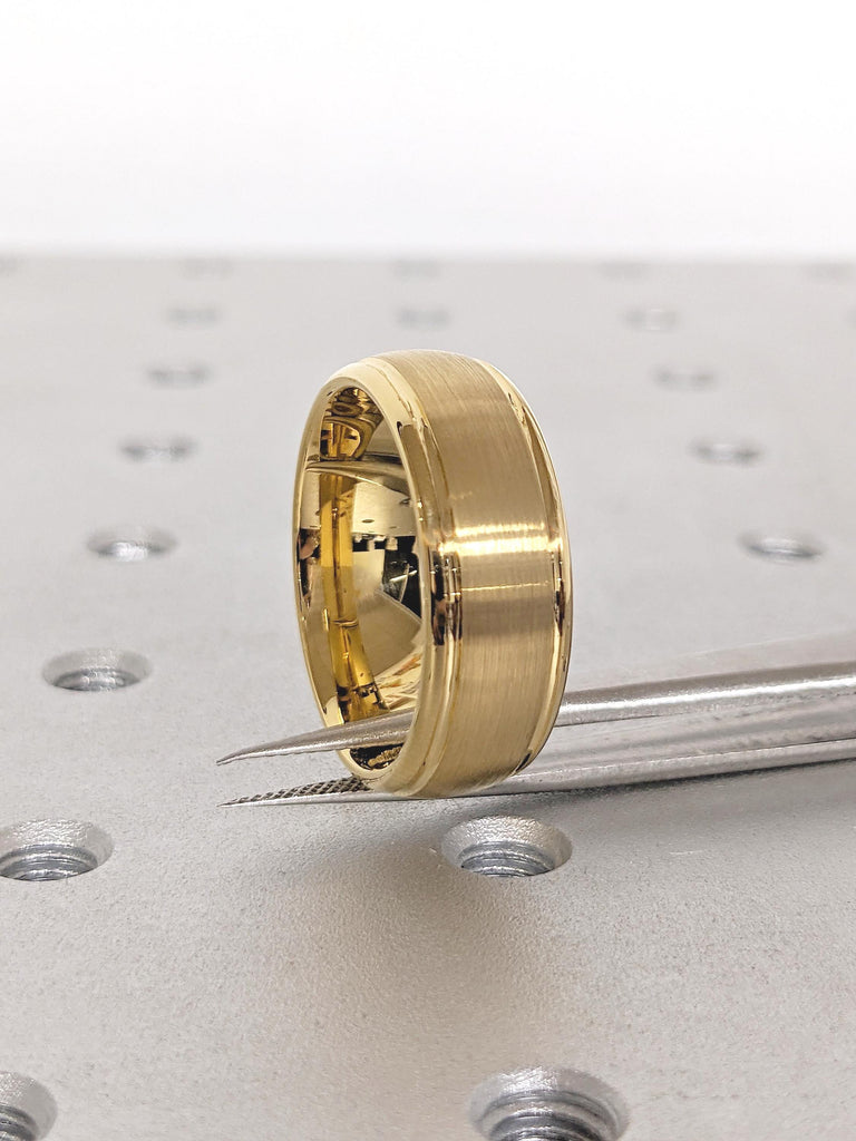 Dome Tungsten Band, 8mm Yellow Gold Plated Men's Engagement Ring, Brushed Men's Ring