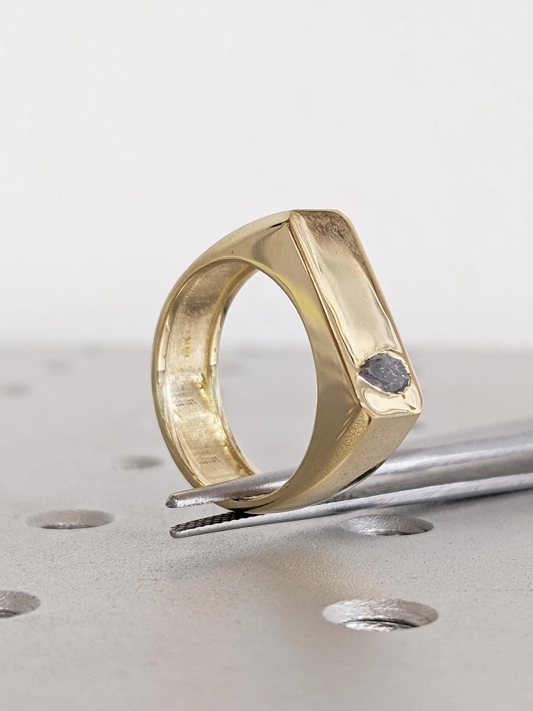 6.5mm Signet Style Salt and Pepper Diamond Men's Wedding Ring, 14K Yellow Gold Men's Diamond Wedding Ring, Men's Wedding Band, Men's Gift