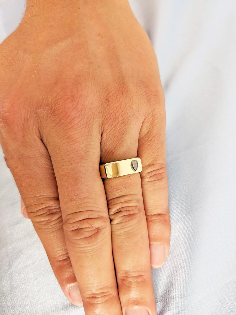 6.5mm Salt and Pepper Diamond Men’s Wedding Ring, 14K Yellow Gold Signet Style Men's Ring