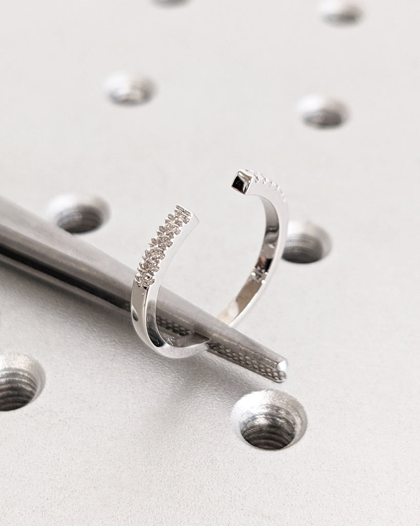 Open Gap Round Diamond Matching Engagement Ring, 14K Solid White Gold Pavé Wedding Band, Dainty Promise Ring