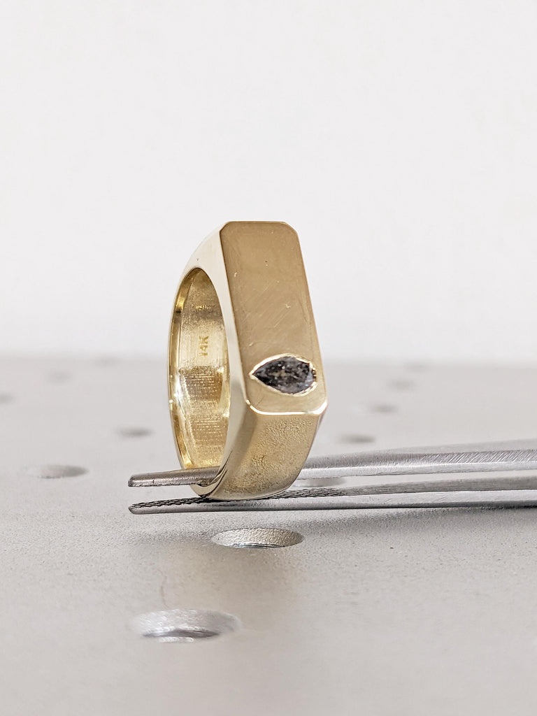 6.5mm Signet Style Salt and Pepper Diamond Men's Wedding Ring, 14K Yellow Gold Men's Diamond Wedding Ring, Men's Wedding Band, Men's Gift