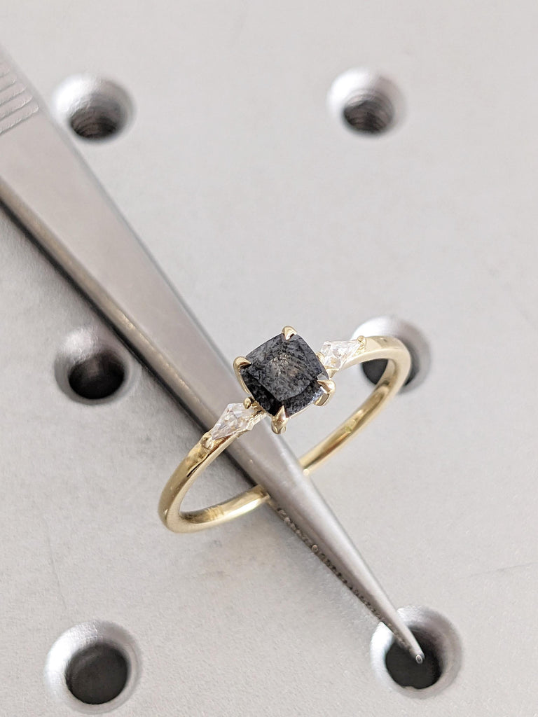 Cushion Cut Salt and Pepper Diamond Ring: 14K Yellow Gold Engagement Ring