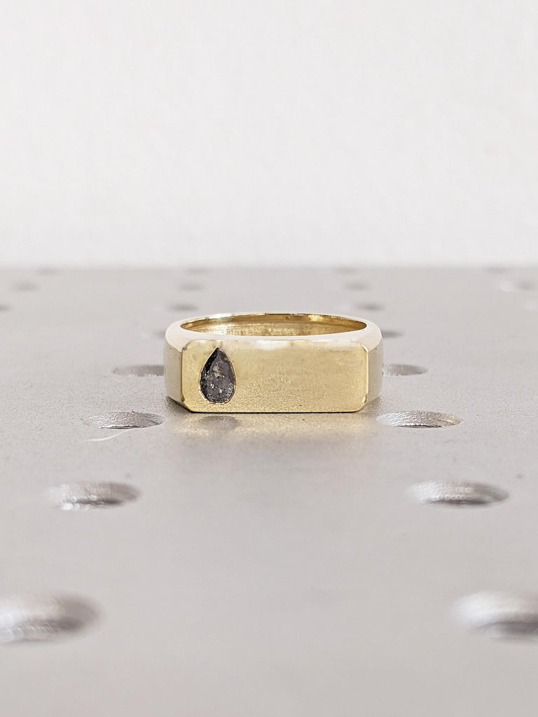 6.5mm Salt and Pepper Diamond Men’s Wedding Ring, 14K Yellow Gold Signet Style Men's Ring