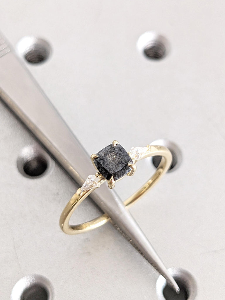 Cushion Cut Salt and Pepper Diamond Ring: 14K Yellow Gold Engagement Ring