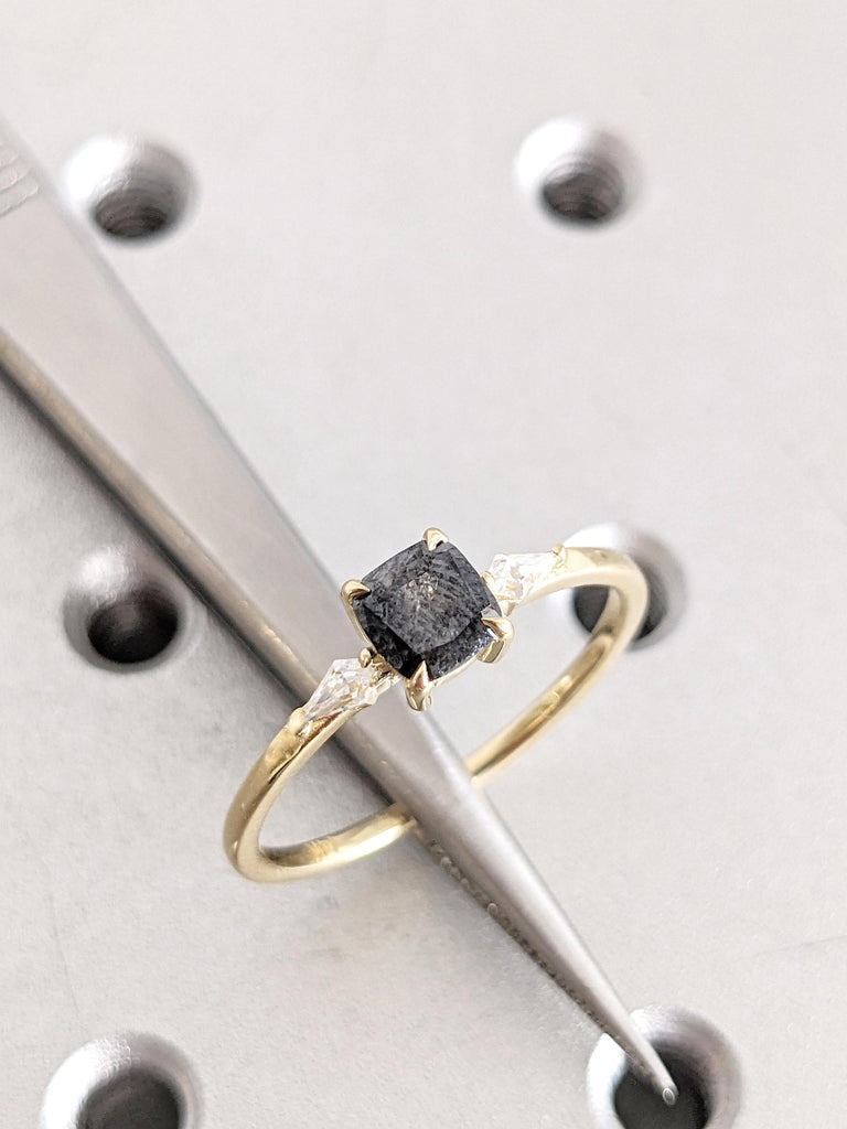 Salt and Pepper Diamond Ring, Cushion Cut Engagement Ring, 14K Yellow Gold Wedding Ring, Salt and Pepper Ring With Side Diamond & Moissanite