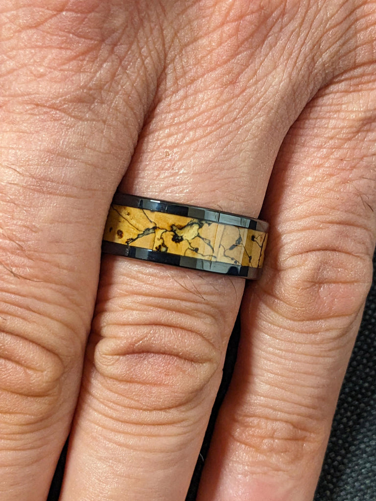 8MM Comfort Fit Dinosaur Bone Inlay Male Wedding Band | Polished Shiny Black Tungsten Ring | Men's Ring | Unique Handmade Jewelry for Him