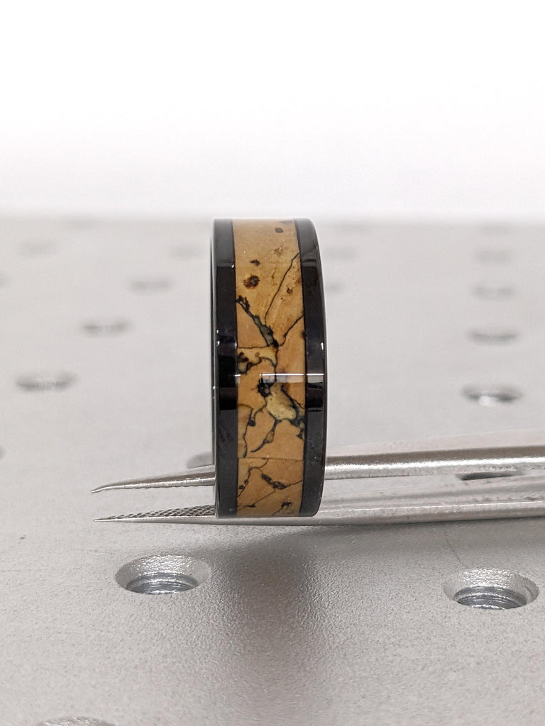 8MM Comfort Fit Dinosaur Bone Inlay Male Wedding Band | Polished Shiny Black Tungsten Ring | Men's Ring | Unique Handmade Jewelry for Him