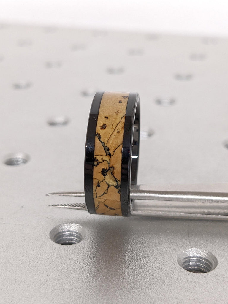 8MM Comfort Fit Dinosaur Bone Inlay Male Wedding Band | Polished Shiny Black Tungsten Ring | Men&#39;s Ring | Unique Handmade Jewelry for Him