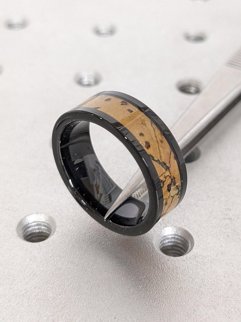 8MM Comfort Fit Dinosaur Bone Inlay Male Wedding Band | Polished Shiny Black Tungsten Ring | Men's Ring | Unique Handmade Jewelry for Him