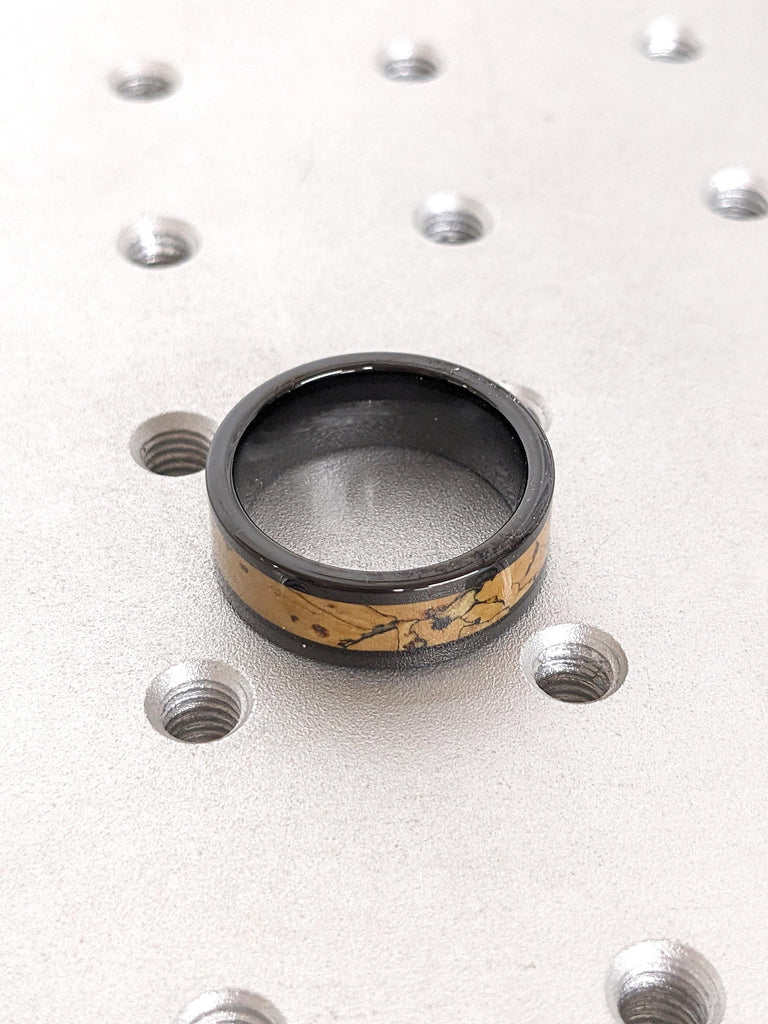 8MM Comfort Fit Dinosaur Bone Inlay Male Wedding Band | Polished Shiny Black Tungsten Ring | Men's Ring | Unique Handmade Jewelry for Him