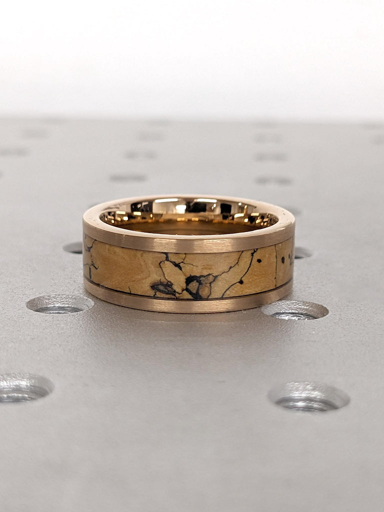 Brushed Rose Gold Wedding Ring for Him 8MM Comfort Fit | Dinosaur Bone Inlay Male Wedding Band | Rose Gold Tungsten Ring | Tungsten Bands