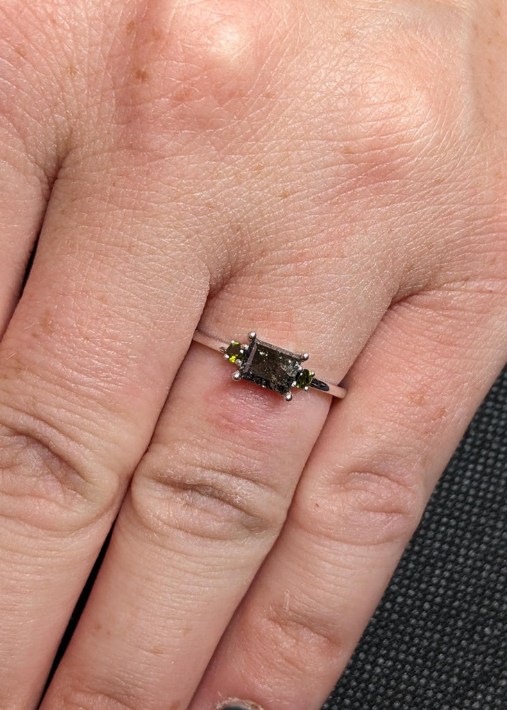 18K White Gold Salt and Pepper Diamond Engagement Ring, Unique Green Tourmaline Birthstone Wedding Band