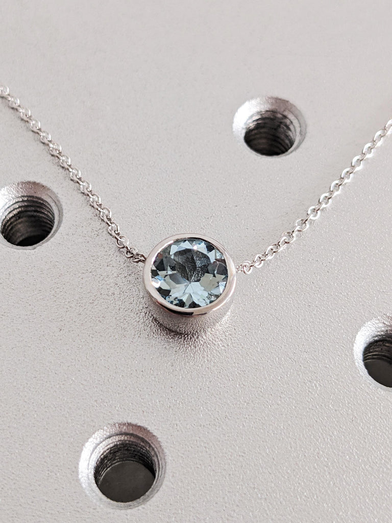 14K White Gold Round Cut Lab Aquamarine Necklace, Solitaire Light Blue March Birthstone, Delicate Pendant