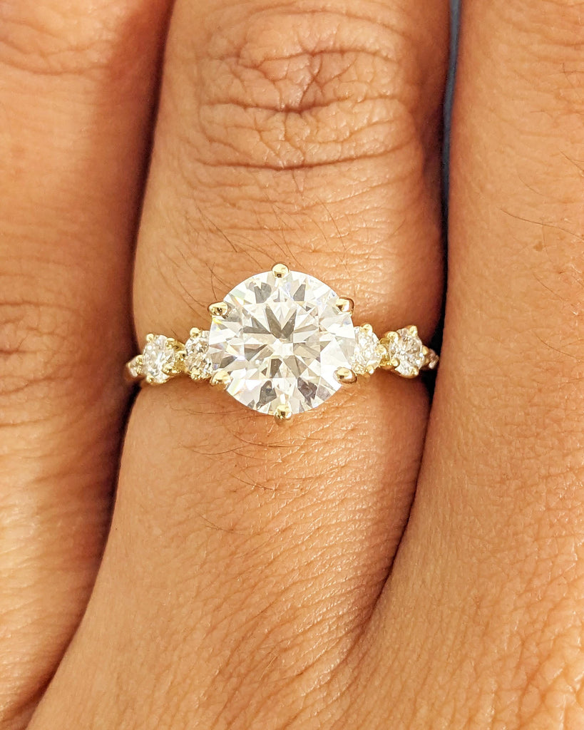 Round Solitaire Lab Diamond Engagement Ring, 14K Solid Gold IGI Certified CVD Diamond Wedding Ring, Six Prong Unique Cluster Bridal Ring