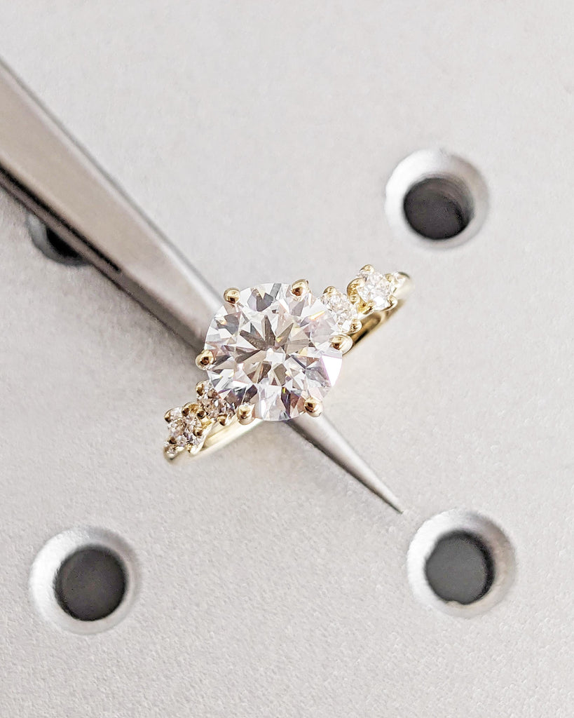 Round Lab Diamond Solitaire Engagement Ring | IGI Certified Lab Grown CVD Diamond Promise Ring | Diamond Cluster Ring | Art Deco Bridal Ring