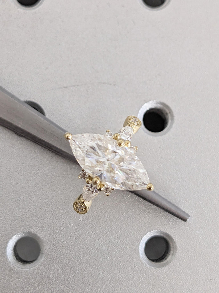 Marquise Moissanite Ring: 14K Yellow Gold Milgrain Engagement Ring