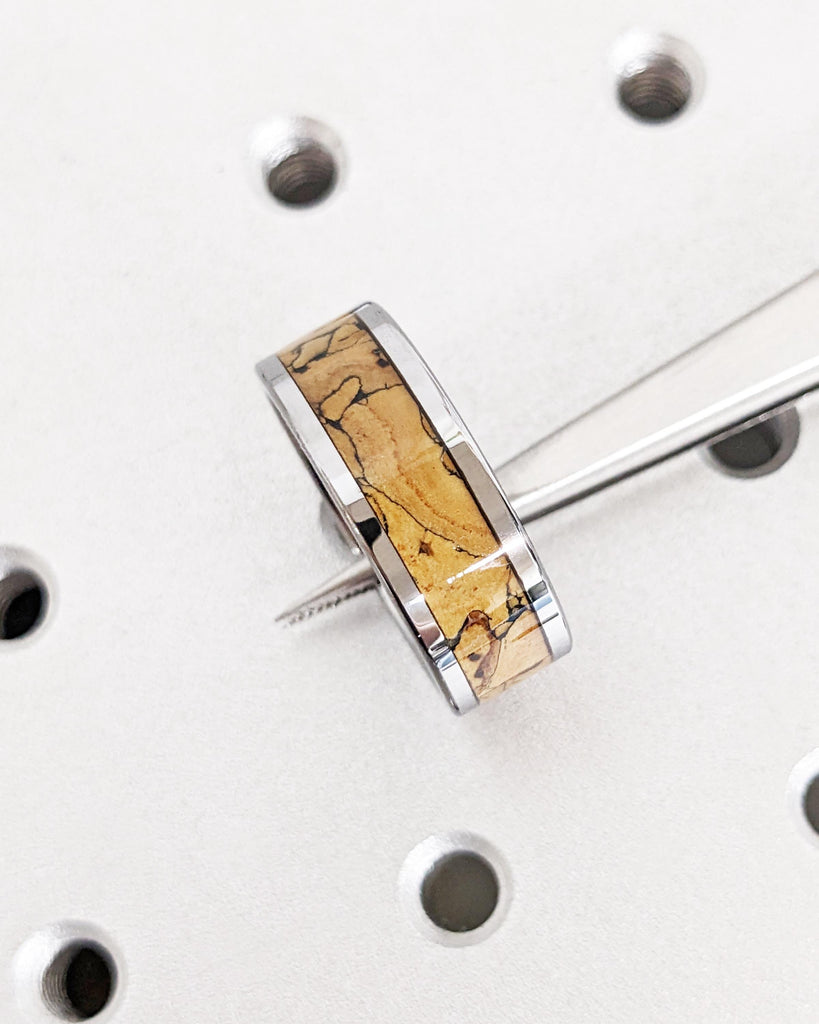 Dinosaur Bone Wedding Band: Silver Tungsten Ring, Jurassic Fossil Pattern Inlay, Polished Finish, 8mm Wide, Comfort Fit