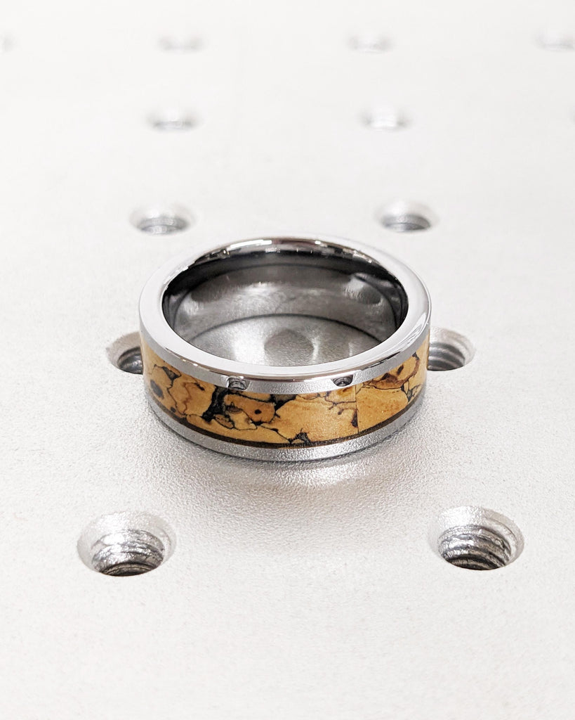 Dinosaur Bone Wedding Band: Silver Tungsten Ring, Jurassic Fossil Pattern Inlay, Polished Finish, 8mm