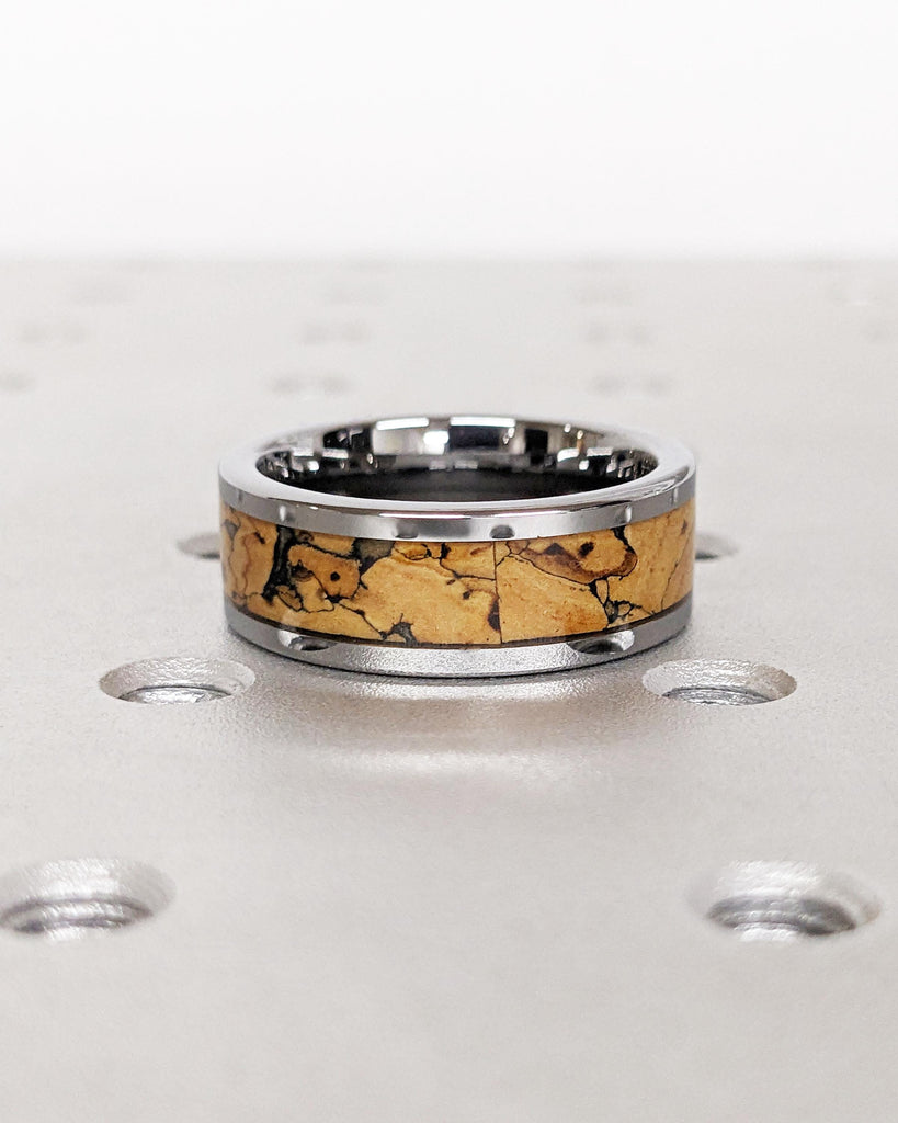 Dinosaur Bone Wedding Band: Silver Tungsten Ring, Jurassic Fossil Pattern Inlay, Polished Finish, 8mm