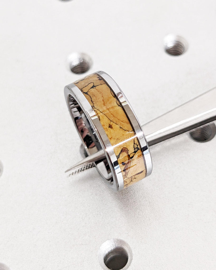 Dinosaur Bone Wedding Band: Silver Tungsten Ring, Jurassic Fossil Pattern Inlay, Polished Finish, 8mm Wide, Comfort Fit