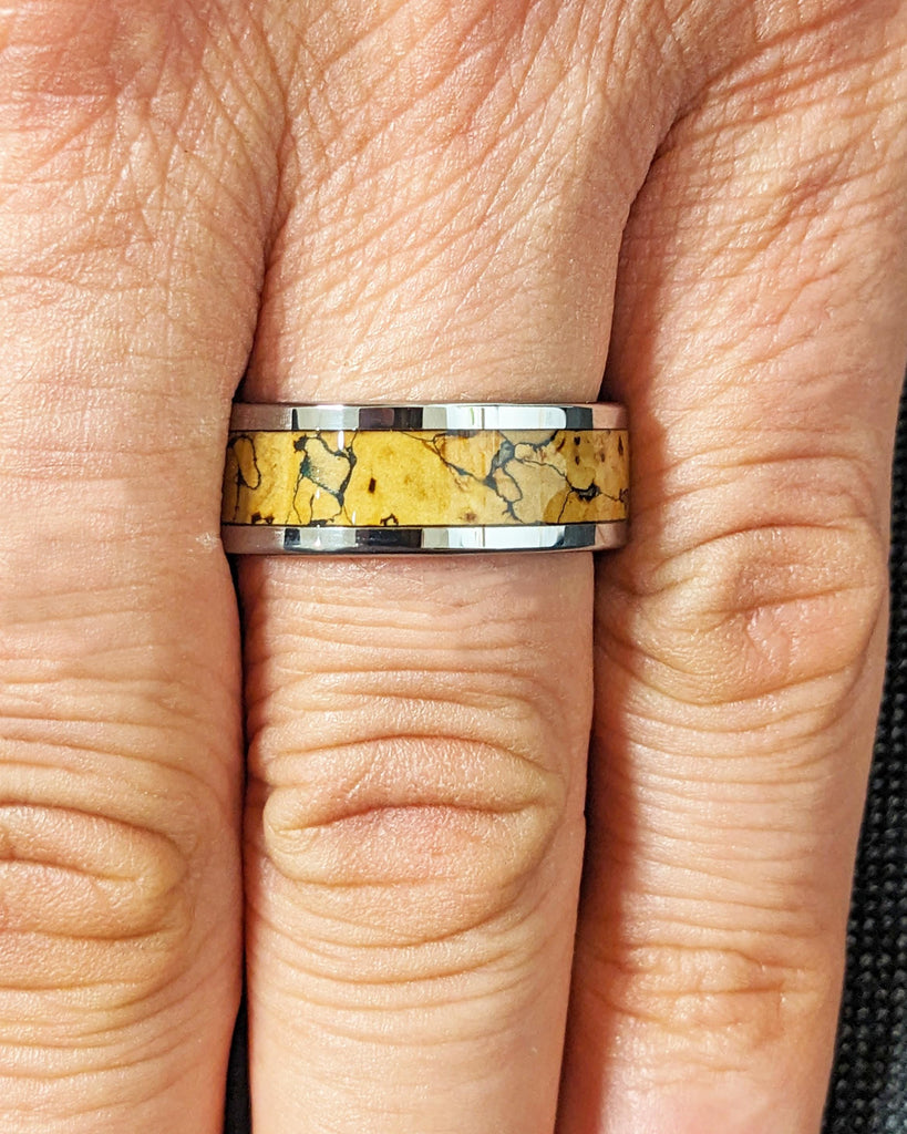 Silver Tungsten Carbide Men's Ring with Dinosaur Bone Inlay | T-Rex Fossil Pattern | 8MM Wide Polished Tungsten Band | Unique Rings for Men