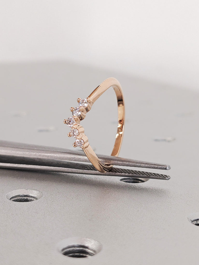 Chevron Matching Bridal Engagement Ring, V Shaped Diamond Wedding Band, Dainty 14K Solid Rose Gold Stacking Ring, Anniversary Gift For Her
