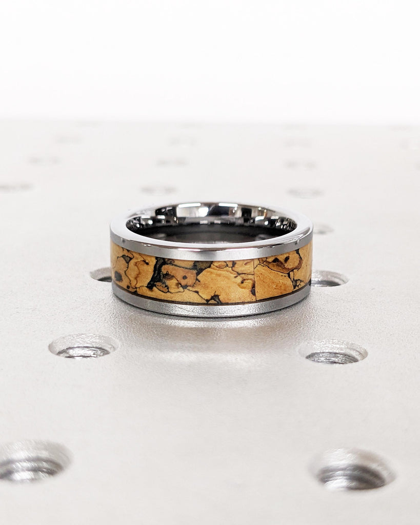 Silver Tungsten Carbide Men&#39;s Ring with Dinosaur Bone Inlay | T-Rex Fossil Pattern | 8MM Wide Polished Tungsten Band | Unique Rings for Men