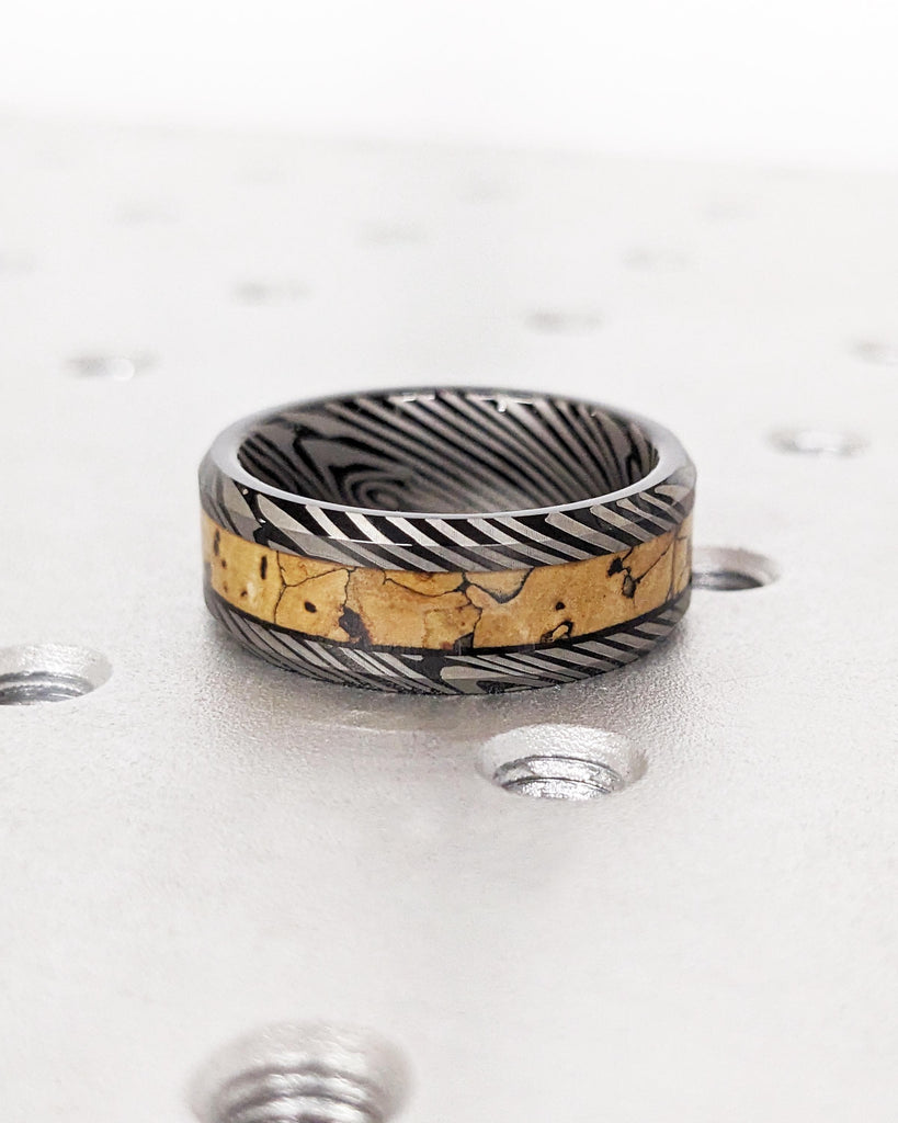 Black Tungsten Wedding Band | Mokume Gane Pattern Damascus Ring | Dinosaur Bone Fossil Inlay | Polished Finish | Anniversary Men&#39;s Ring | 8mm