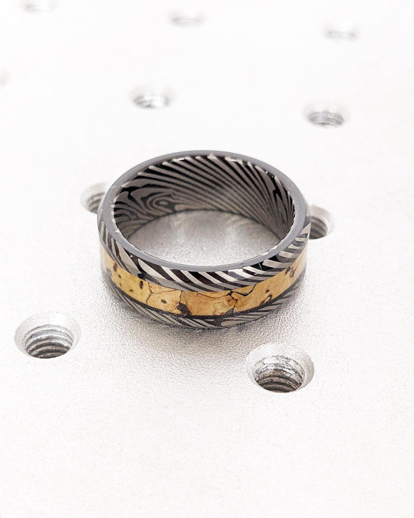 Black Tungsten Wedding Band: Mokume Gane Damascus Pattern & Dinosaur Bone Inlay, Polished Finish, 8mm