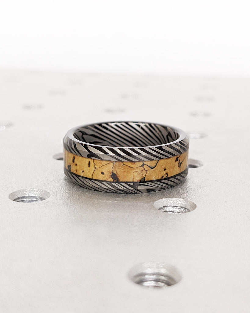 Black Tungsten Wedding Band | Mokume Gane Pattern Damascus Ring | Dinosaur Bone Fossil Inlay | Polished Finish | Anniversary Men's Ring 8mm