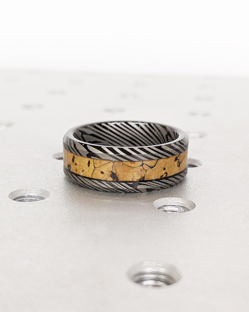 Black Tungsten Wedding Band: Mokume Gane Damascus Pattern & Dinosaur Bone Inlay, Polished Finish, 8mm