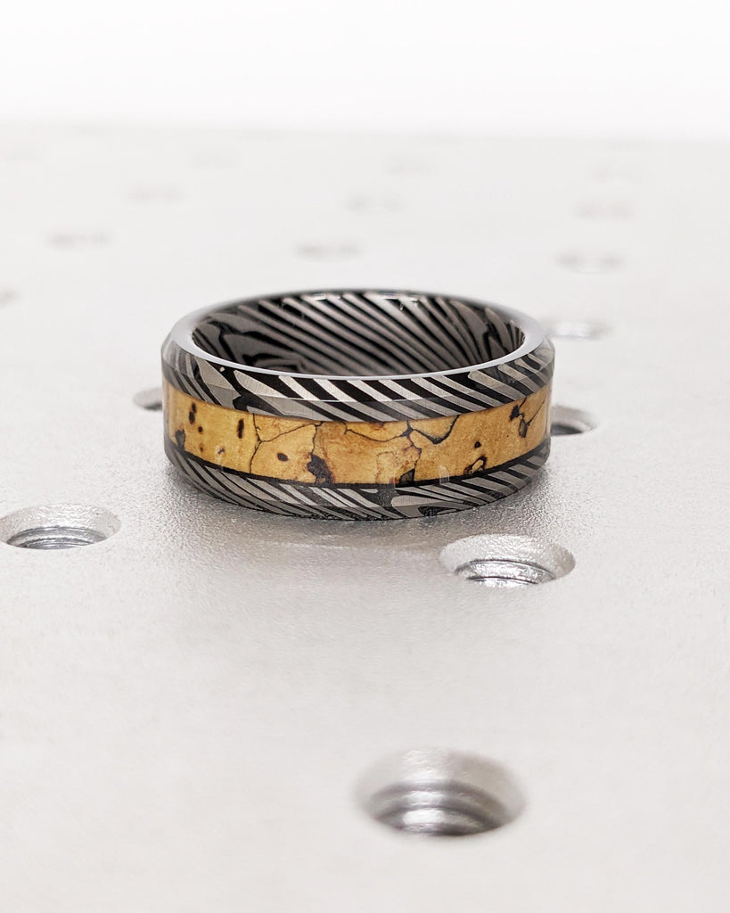 Black Tungsten Wedding Band | Mokume Gane Pattern Damascus Ring | Dinosaur Bone Fossil Inlay | Polished Finish | Anniversary Men's Ring 8mm